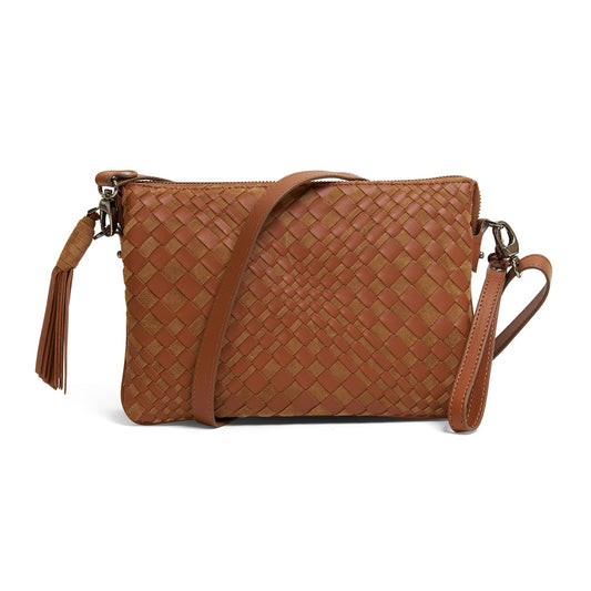 Woman Leather Clutch Intreccio Optical Suede Cuoio