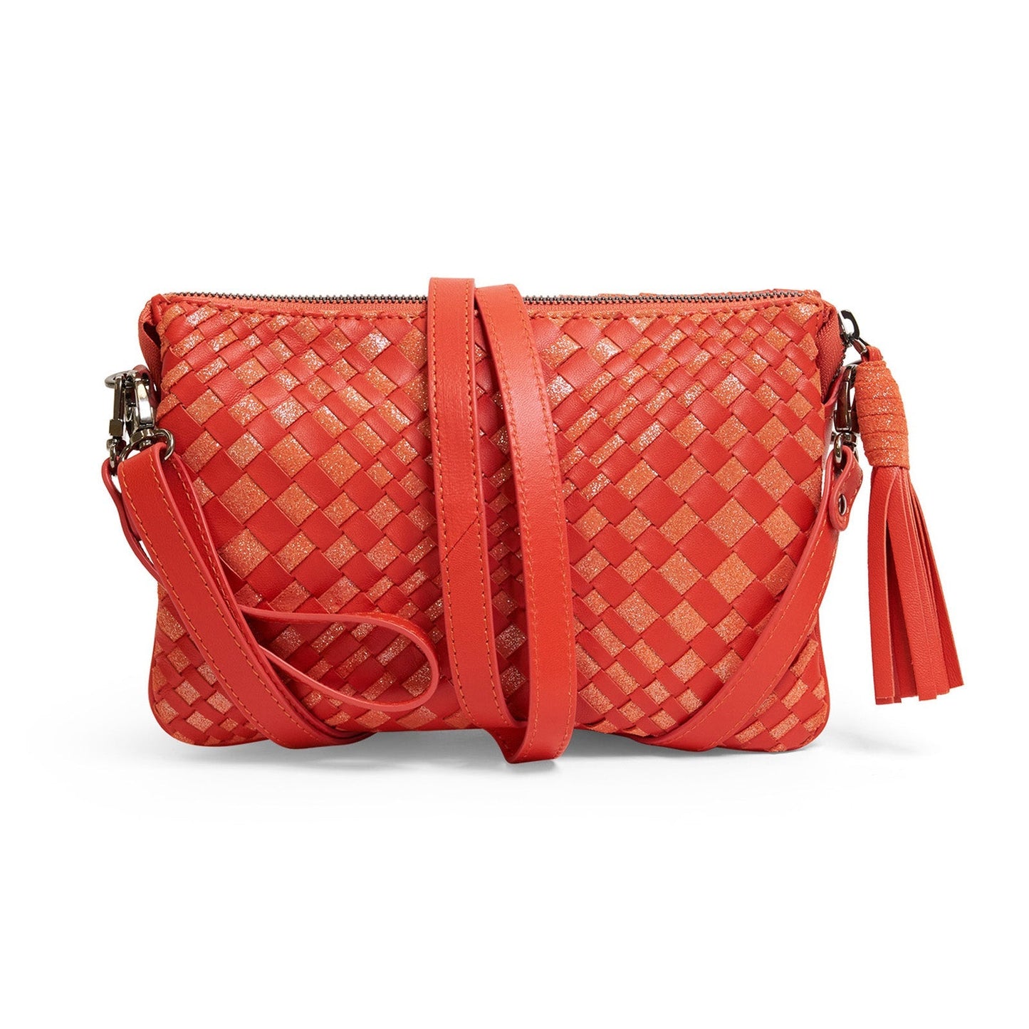 Woman Leather Clutch Intreccio Optical Nappa Shimmer Orange
