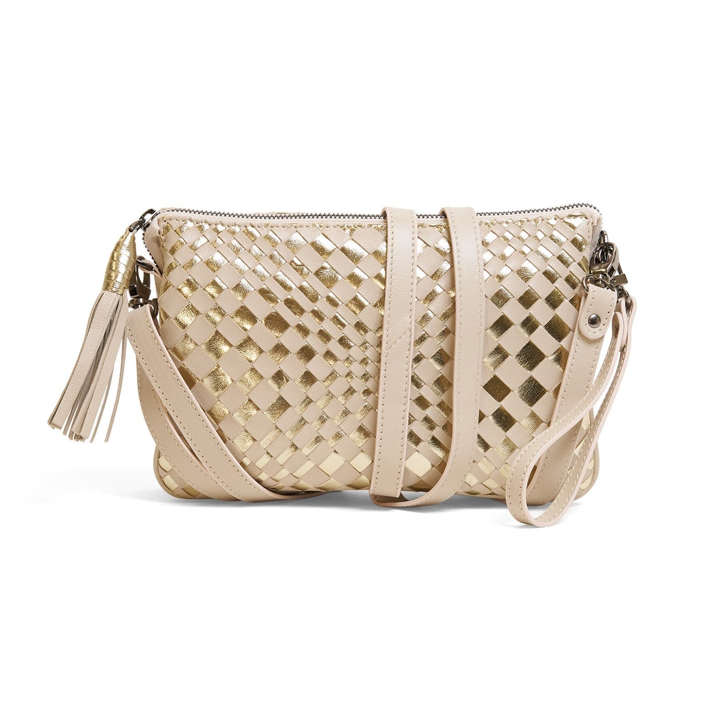 Woman Leather Clutch Intreccio Optical Beige and Platinum