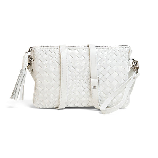 Woman Leather Clutch Intreccio Optical Nappa Patent White