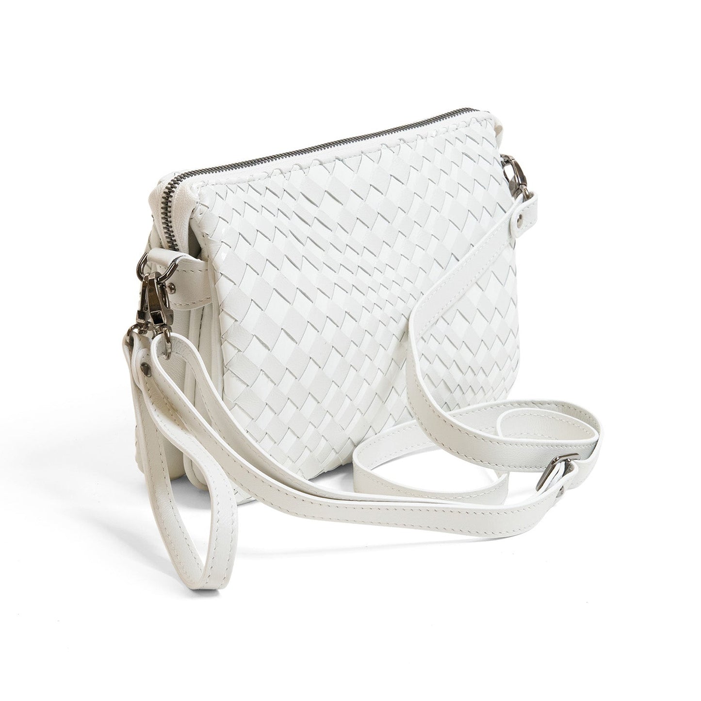 Woman Leather Clutch Intreccio Optical Nappa Patent White