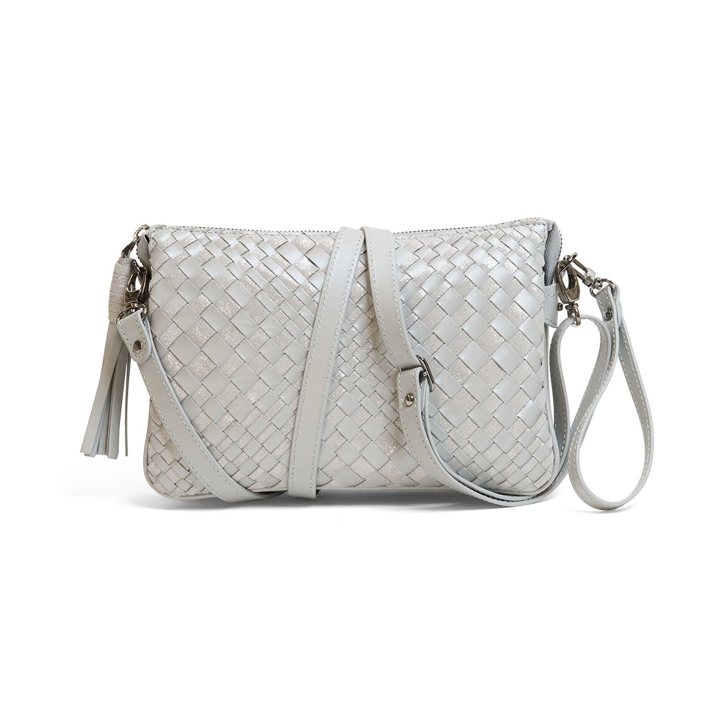 Woman Leather Clutch Intreccio Optical Shimmer Pearl Grey