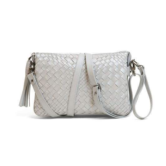 Woman Leather Clutch Intreccio Optical Shimmer Pearl Grey
