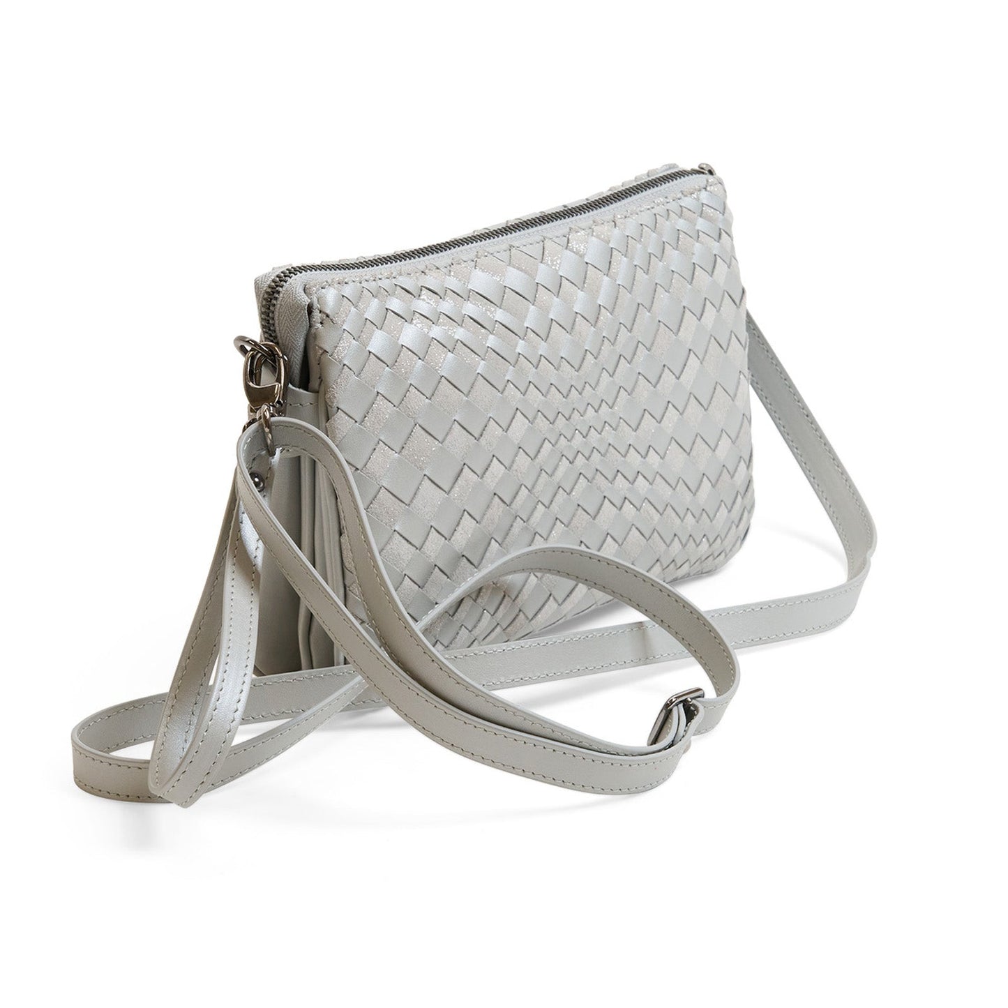 Woman Leather Clutch Intreccio Optical Shimmer Pearl Grey