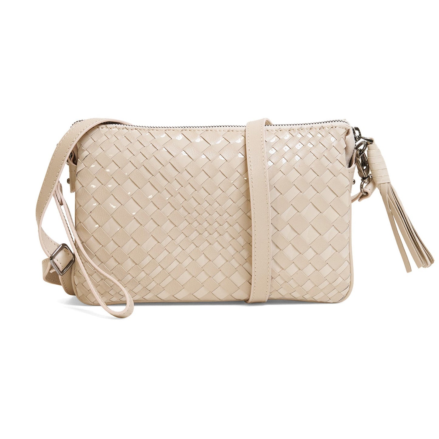 Woman Leather Clutch Intreccio Optical Nappa Patent Cipria