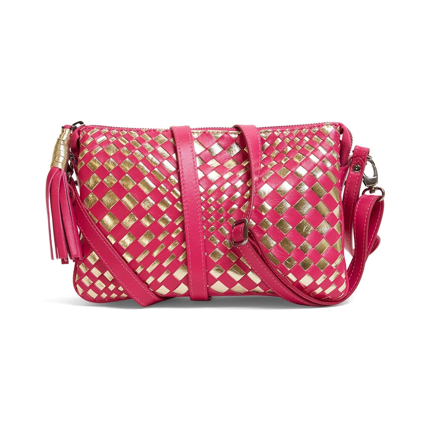Woman Leather Clutch Intreccio Optical Nappa Laminato Fucsia and Platinum
