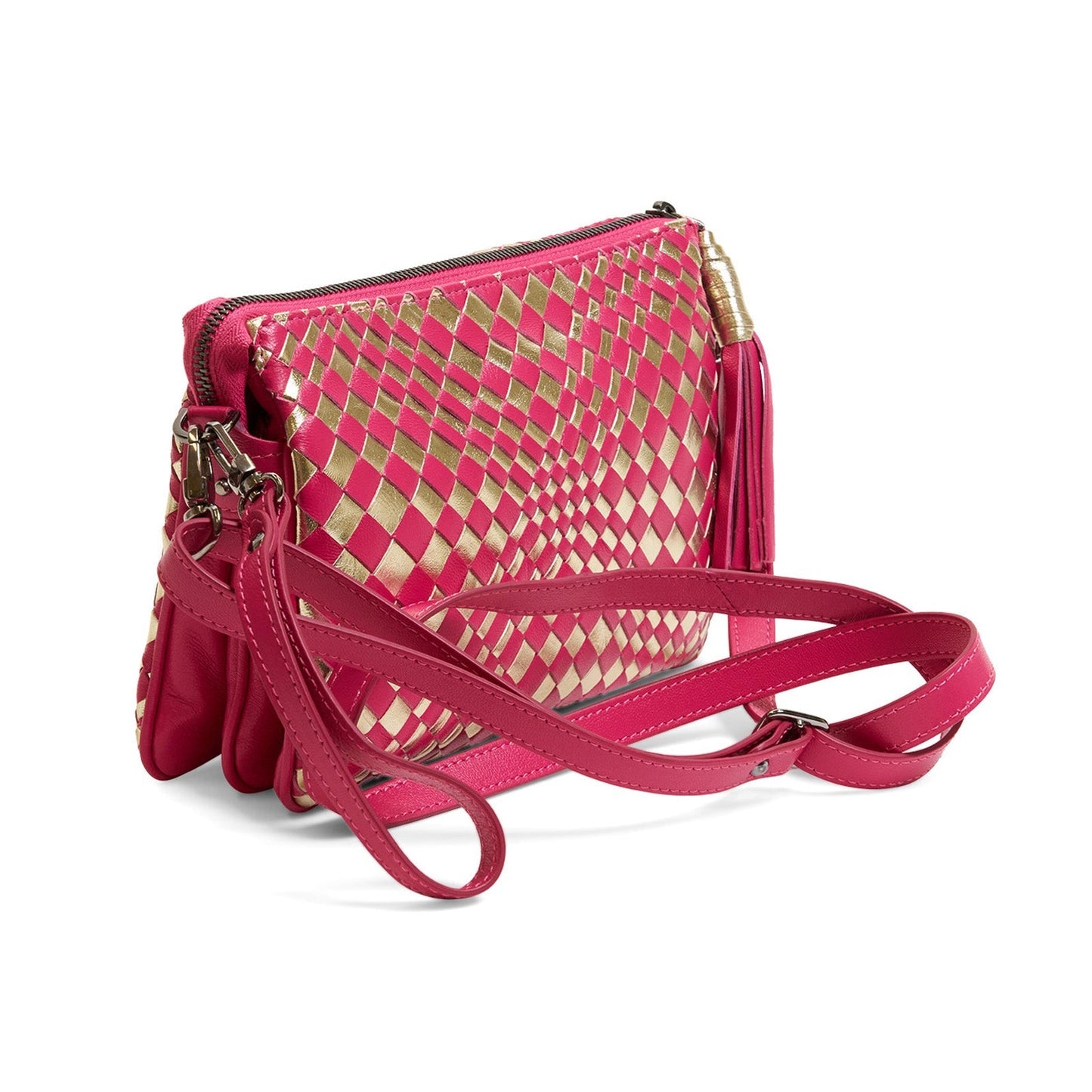 Woman Leather Clutch Intreccio Optical Nappa Laminato Fucsia and Platinum