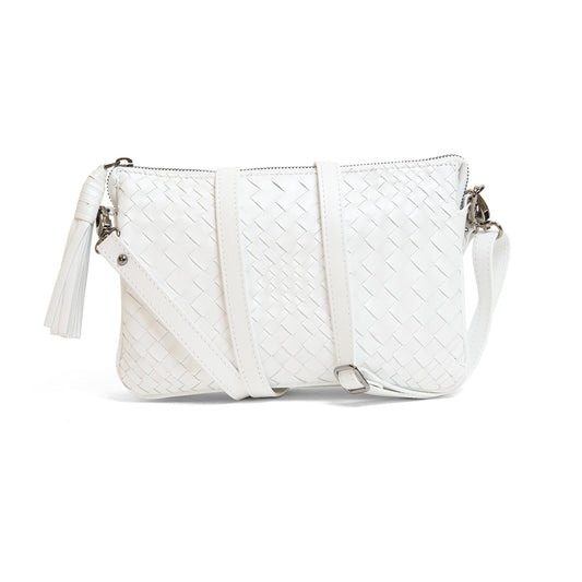 Woman Leather Clutch Intreccio Optical Softy Perlato White