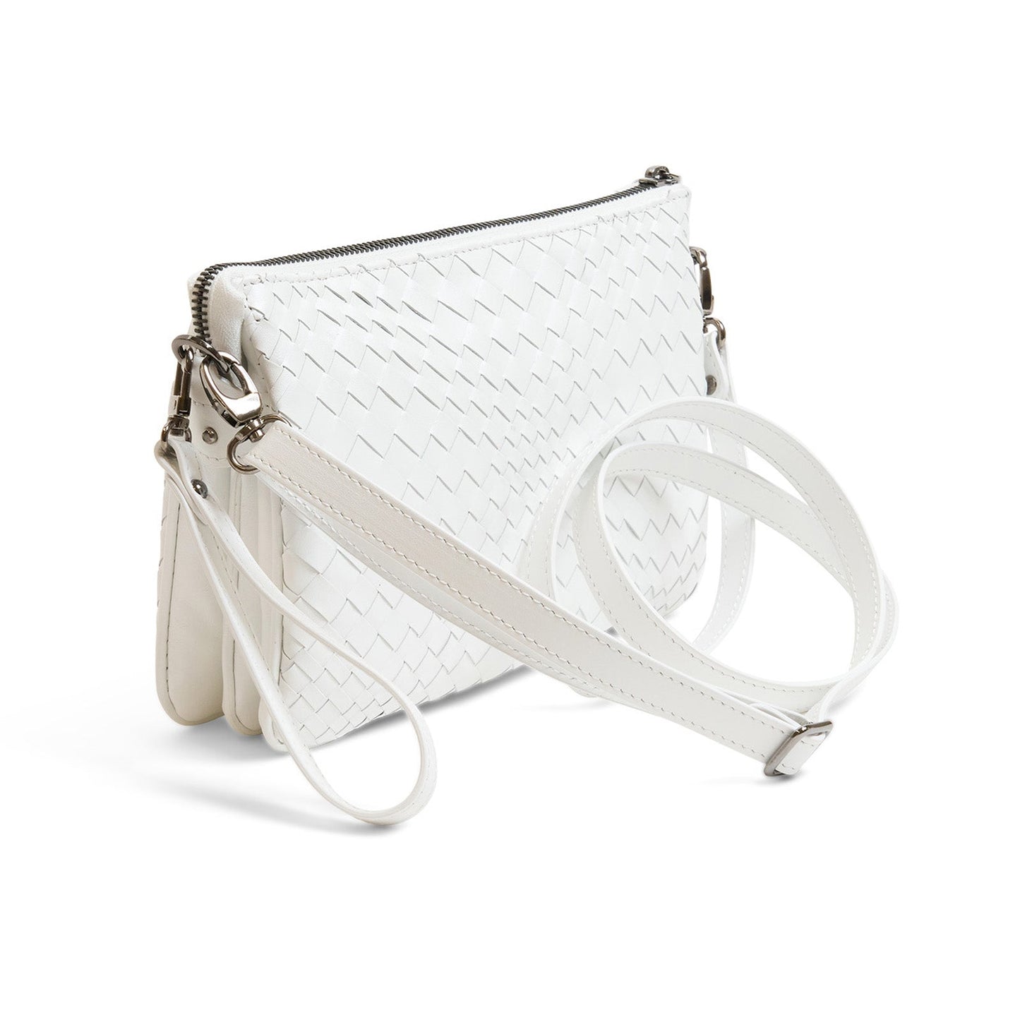 Woman Leather Clutch Intreccio Optical Softy Perlato White