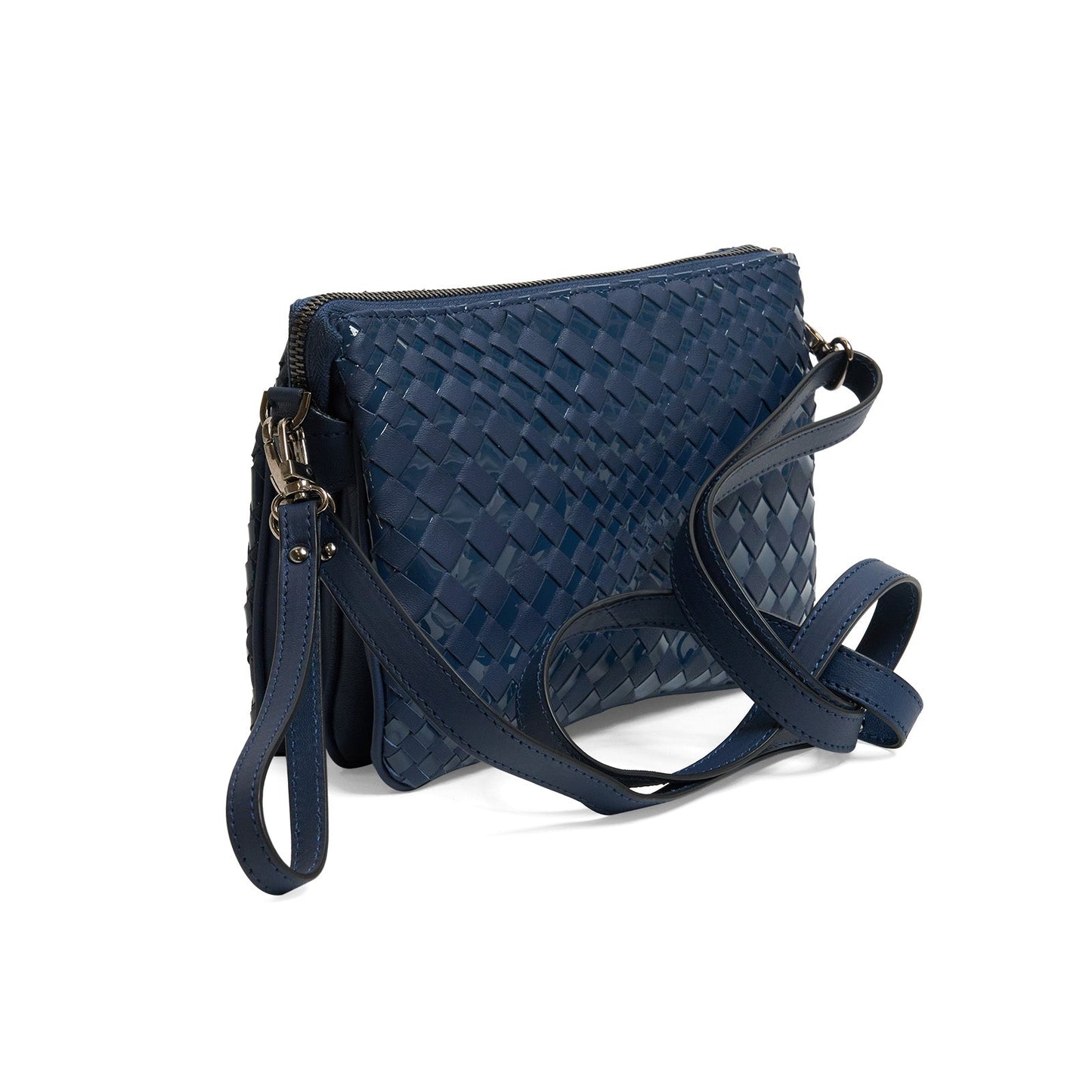 Woman Leather Clutch Intreccio Optical Nappa Patent Carta da Zucchero