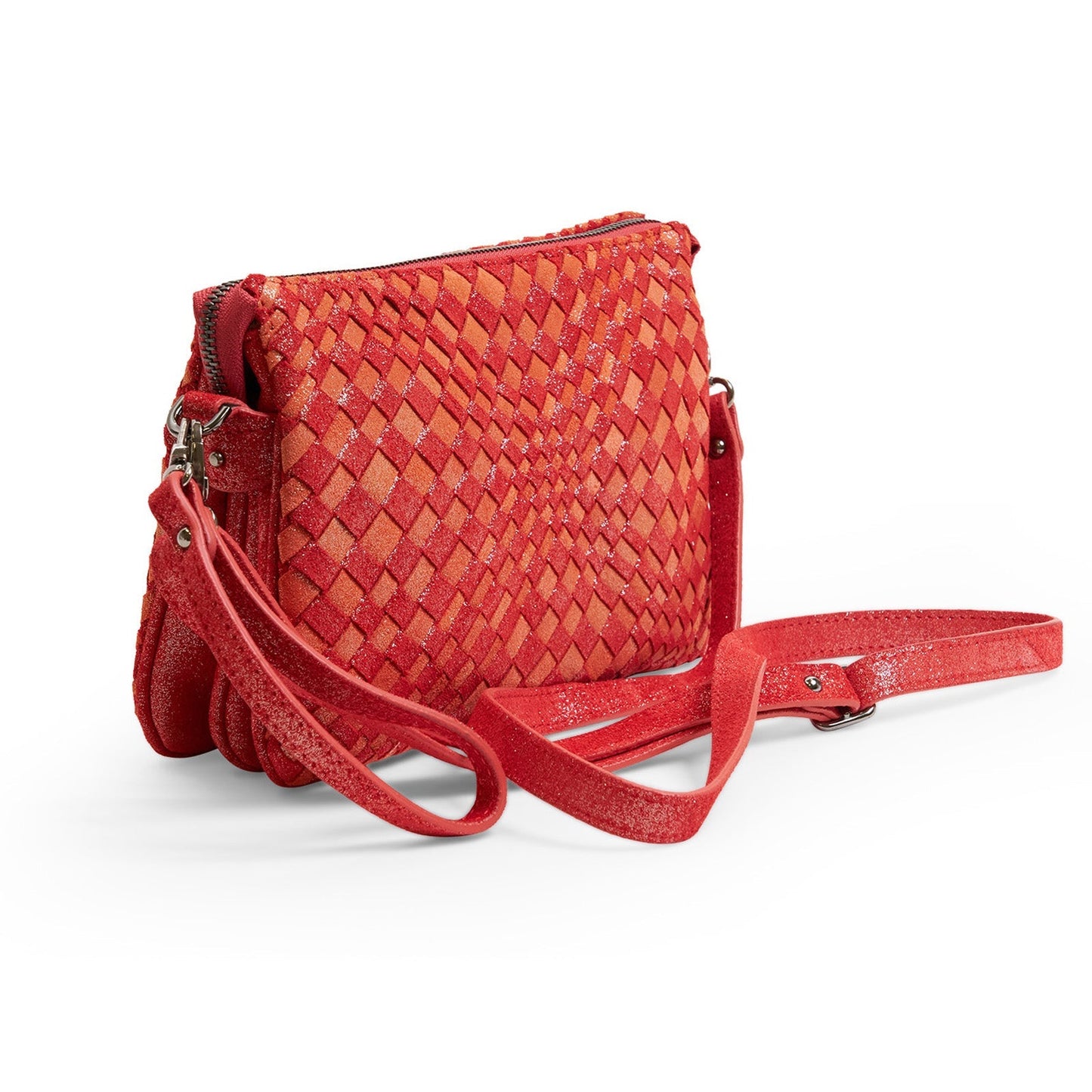 Woman Leather Clutch Intreccio Optical Shimmer Fucsia and Coral