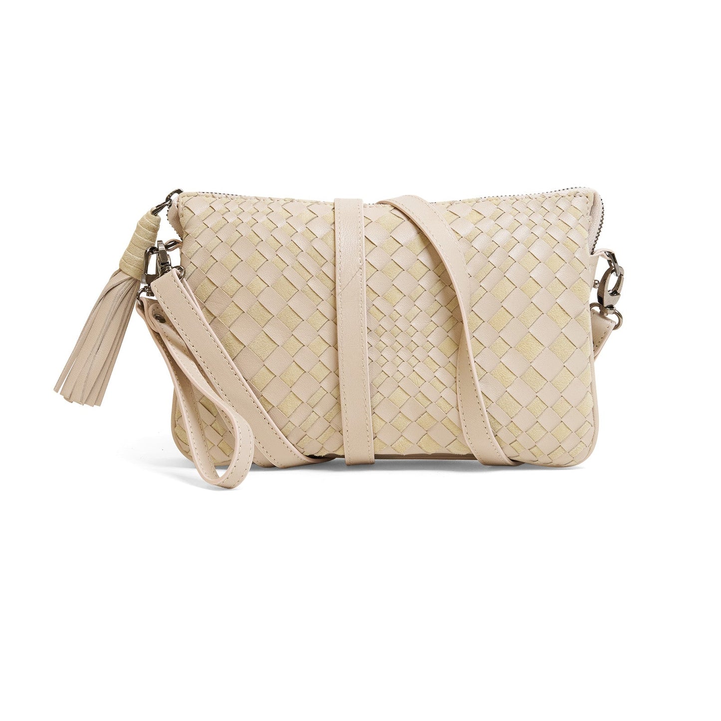 Woman Leather Clutch Intreccio Optical Suede Cipria