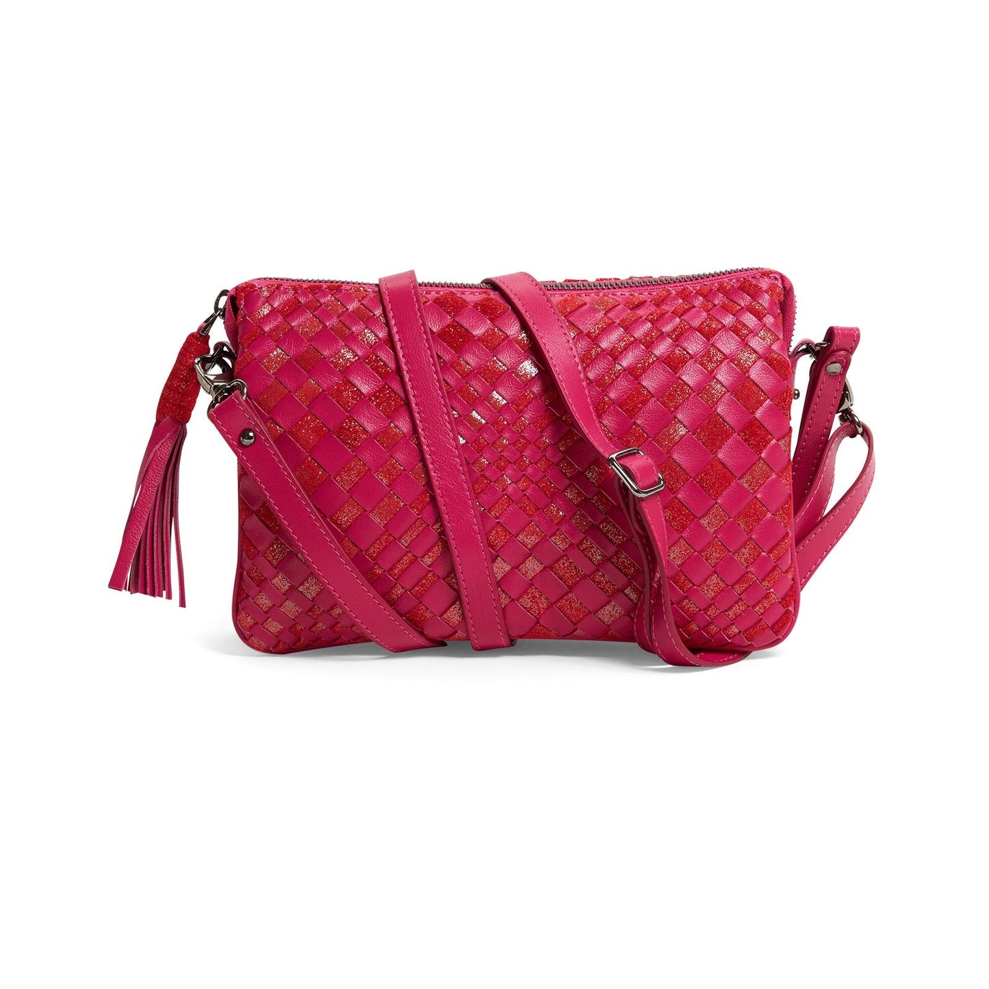 Woman Leather Clutch Intreccio Optical Nappa Shimmer Fucsia