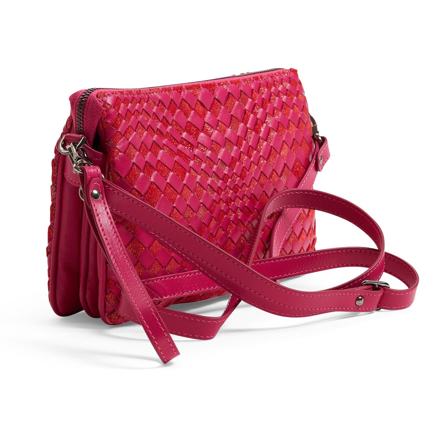 Woman Leather Clutch Intreccio Optical Nappa Shimmer Fucsia
