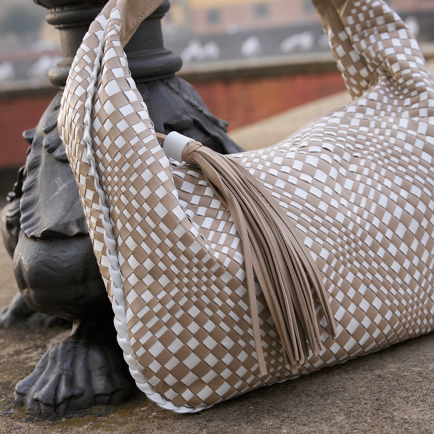 Brigitte Is Women Hobo Bag Intreccio Optical Nappa Taupe and Bianco