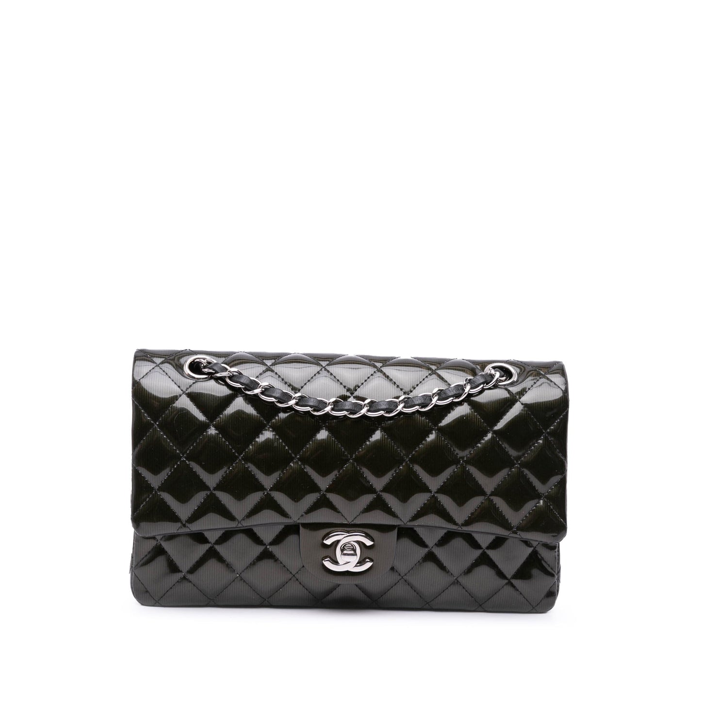 Chanel Medium Classic Striped Patent Double Flap Black