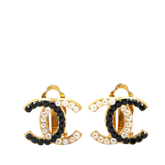 Chanel Gold Plated CC Faux Pearl and Rhinestones Clip On Earrings Gold