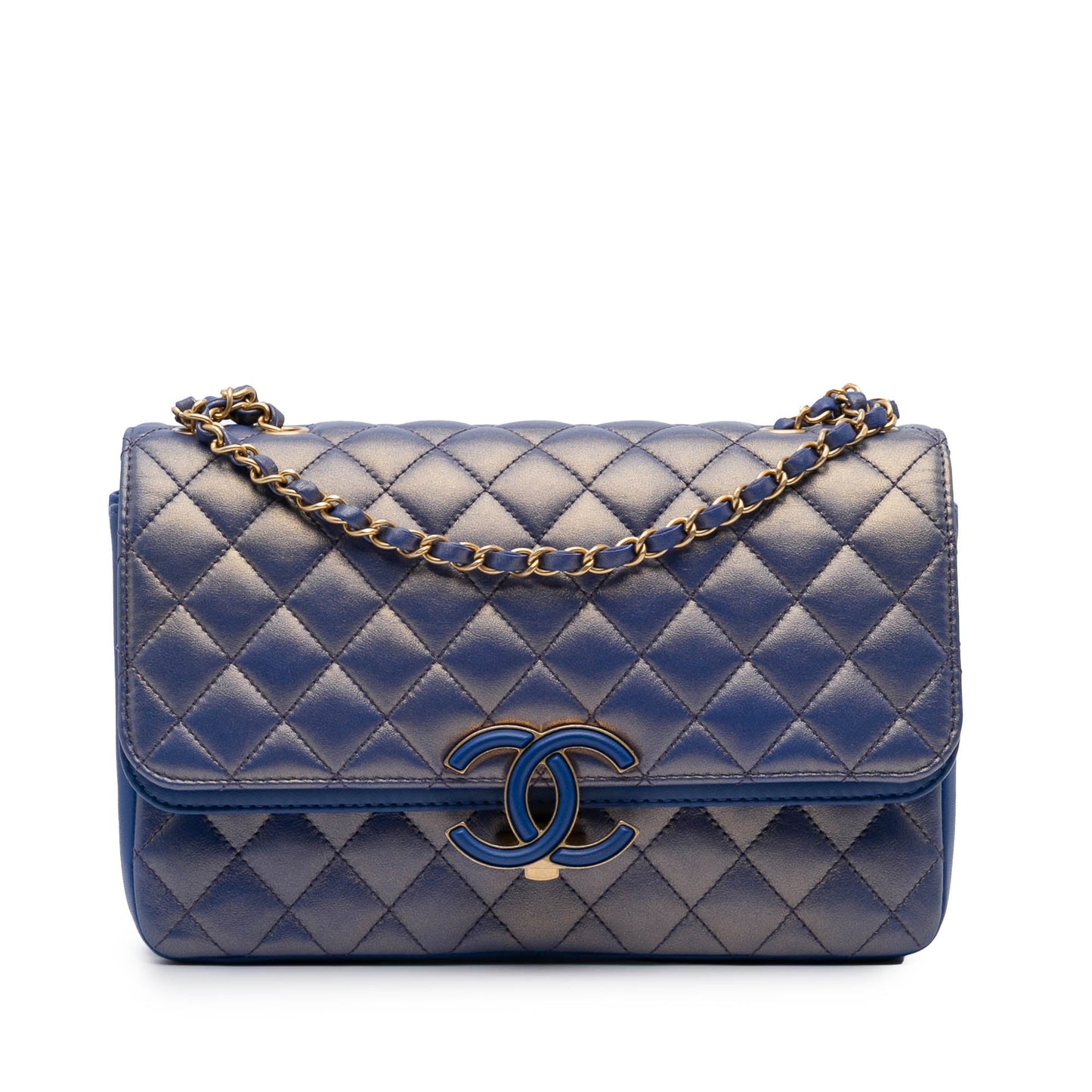 Chanel Medium Quilted Metallic Lambskin CC Chic Double Flap Blue