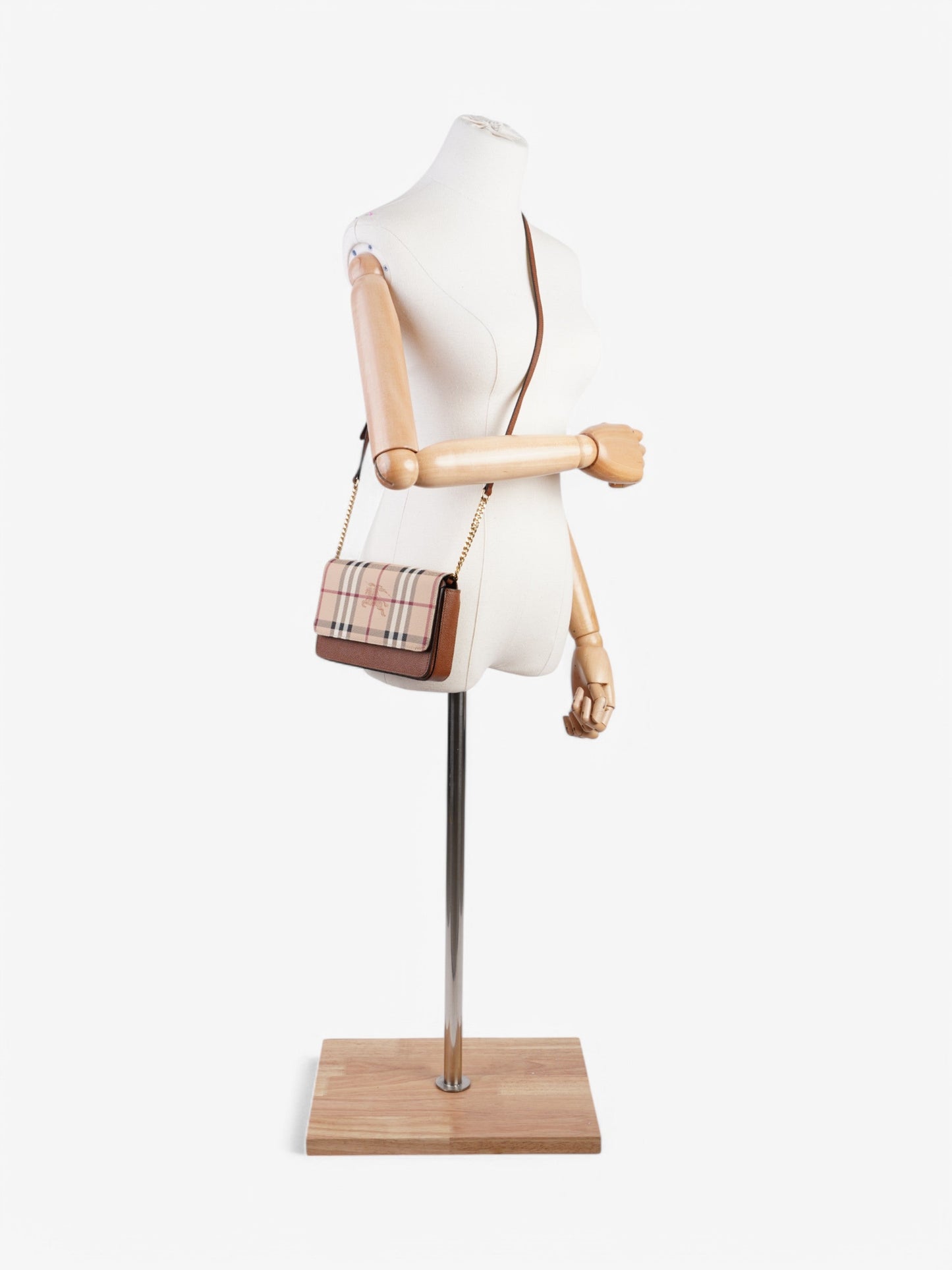 Burberry Haymarket Check Leather Crossbody Beige Checkered / Brown Leather