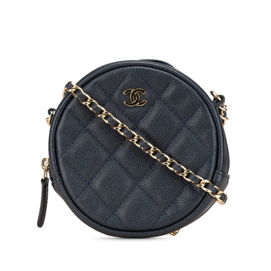 Chanel CC Quilted Caviar Round Clutch With Chain Blue
