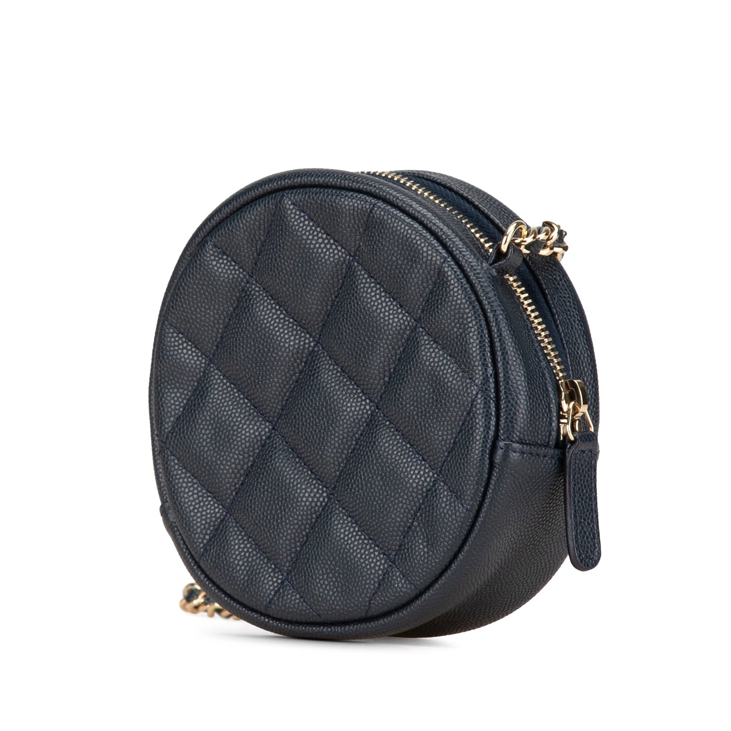 Chanel CC Quilted Caviar Round Clutch With Chain Blue