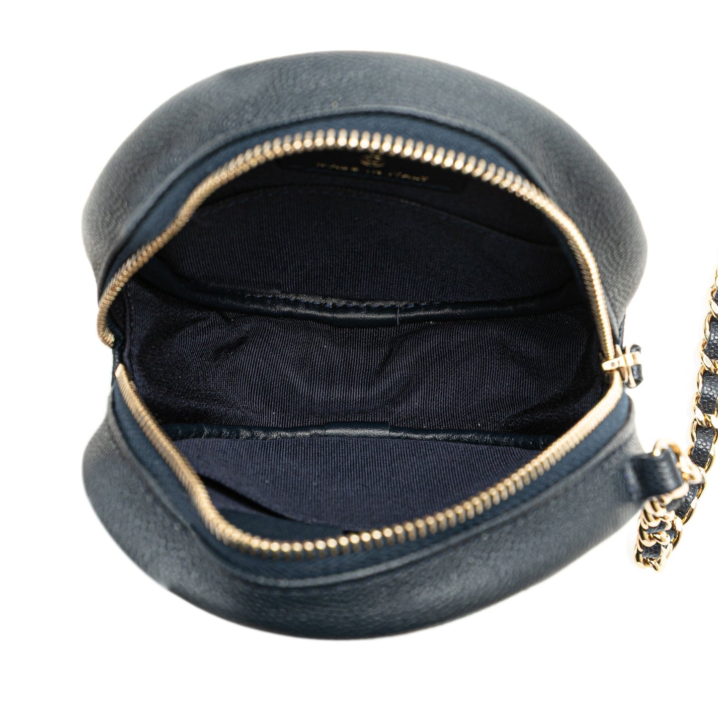 Chanel CC Quilted Caviar Round Clutch With Chain Blue