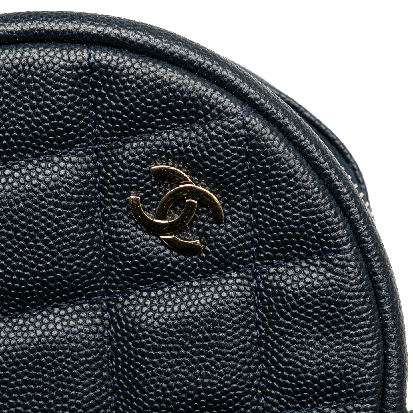 Chanel CC Quilted Caviar Round Clutch With Chain Blue