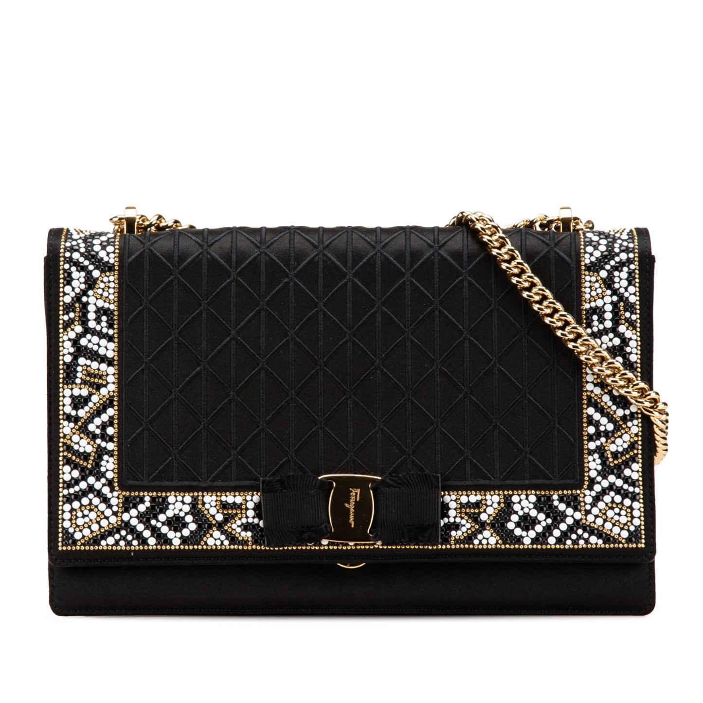 Ferragamo Medium Vara Embellished Satin Ginny Chain Crossbody Black