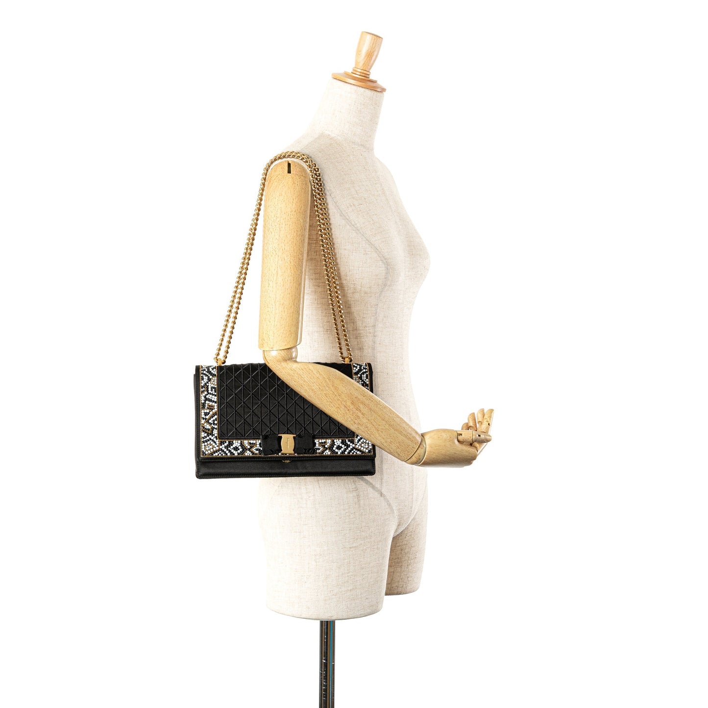 Ferragamo Medium Vara Embellished Satin Ginny Chain Crossbody Black
