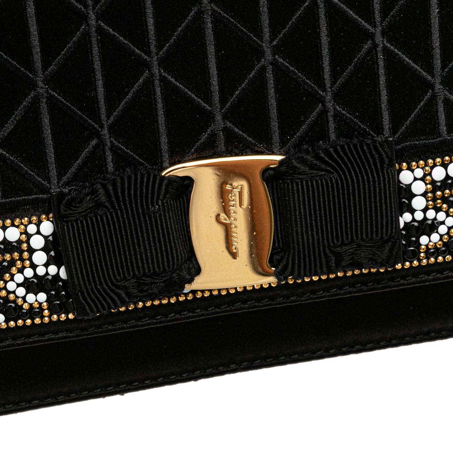 Ferragamo Medium Vara Embellished Satin Ginny Chain Crossbody Black