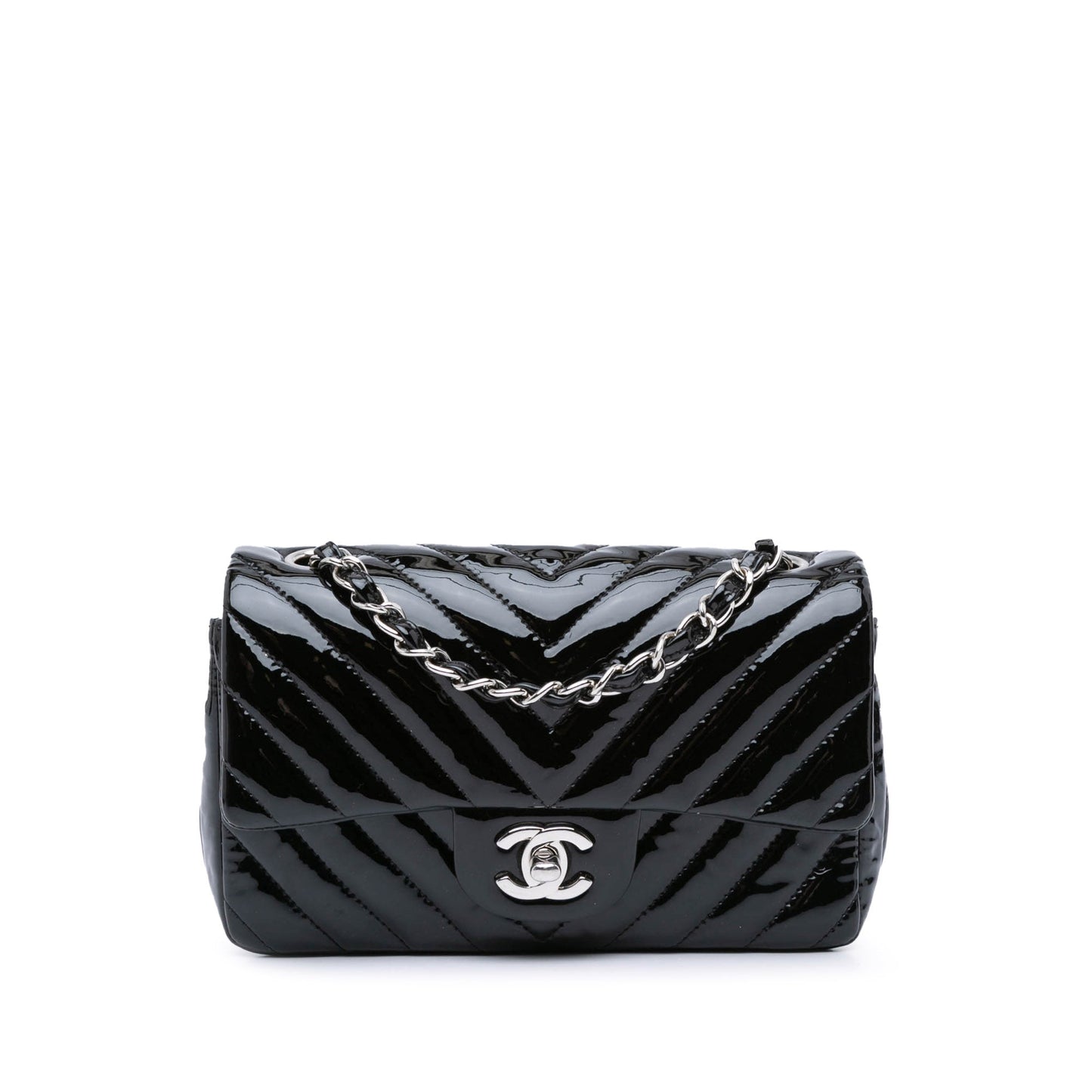 Chanel Mini Rectangular Classic Chevron Patent Single Flap Black