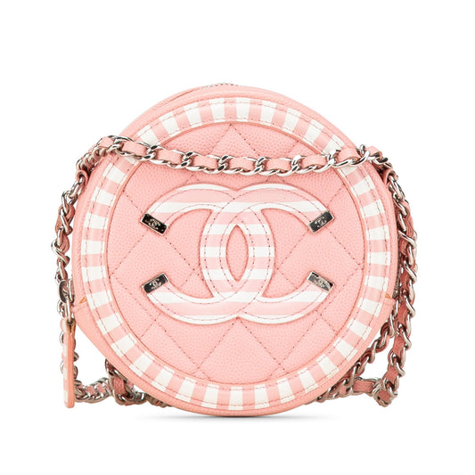 Chanel Caviar Striped CC Filigree Round Crossbody Pink