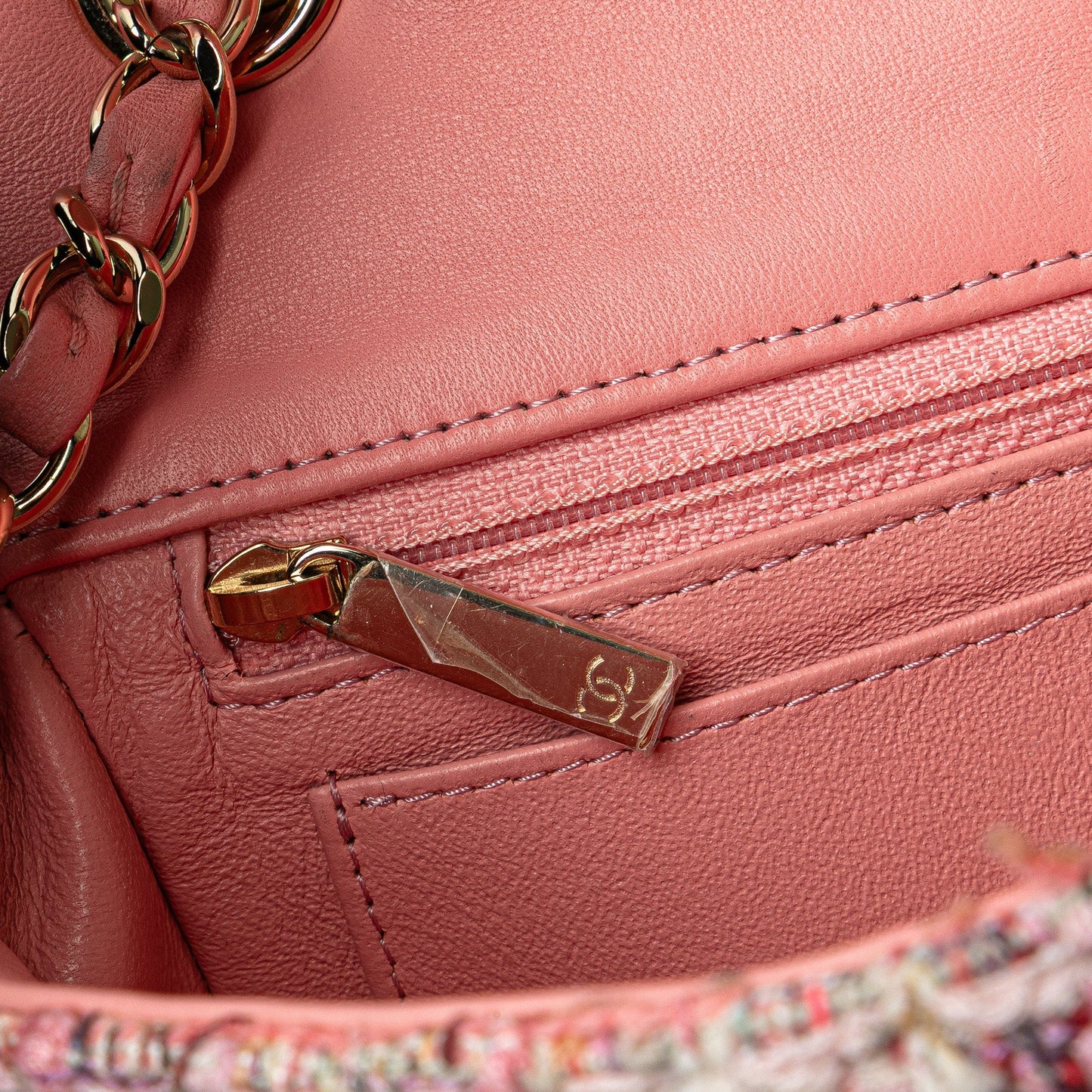Chanel Mini Rectangular Classic Tweed Braid Flap Pink