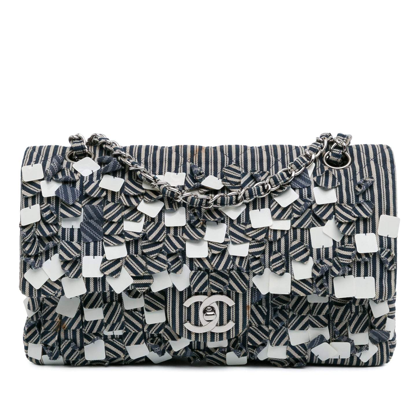 Chanel Medium Classic Canvas Sequin Stripes Double Flap Blue