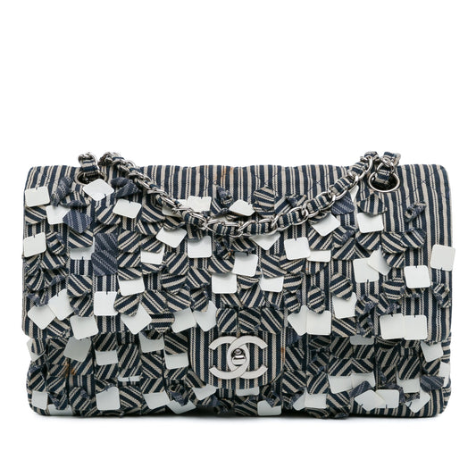 Chanel Medium Classic Canvas Sequin Stripes Double Flap Blue