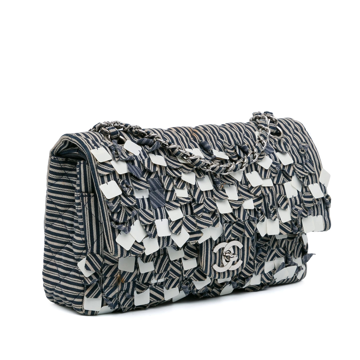 Chanel Medium Classic Canvas Sequin Stripes Double Flap Blue