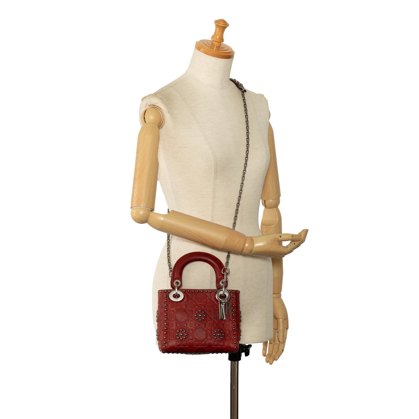 Dior Mini Embossed Calfskin Cannage Studded Lady Dior Red