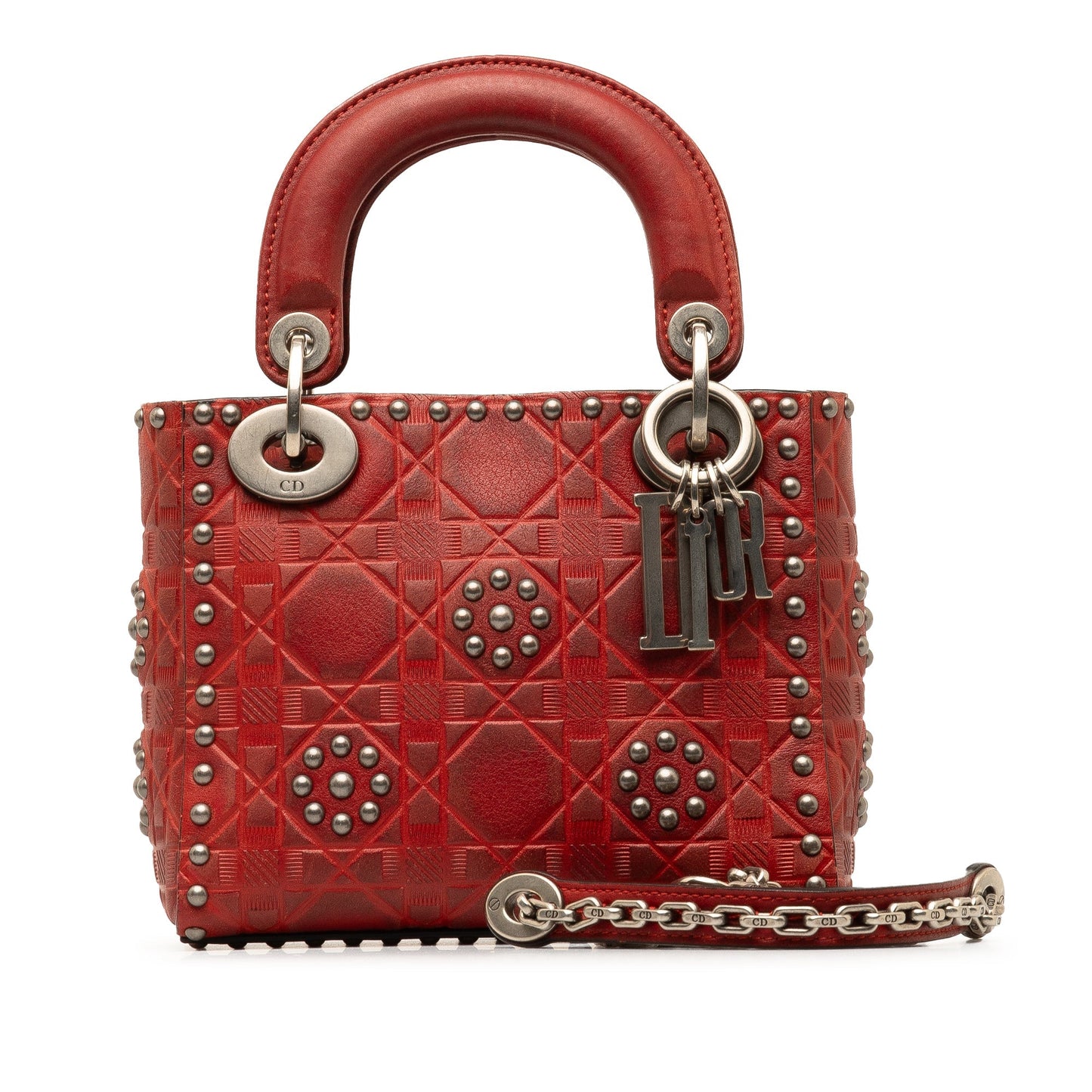 Dior Mini Embossed Calfskin Cannage Studded Lady Dior Red