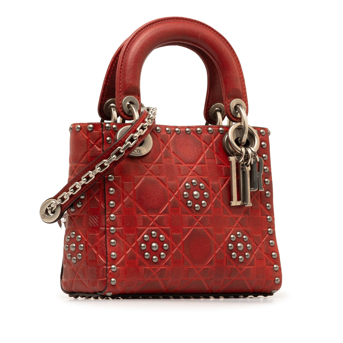 Dior Mini Embossed Calfskin Cannage Studded Lady Dior Red