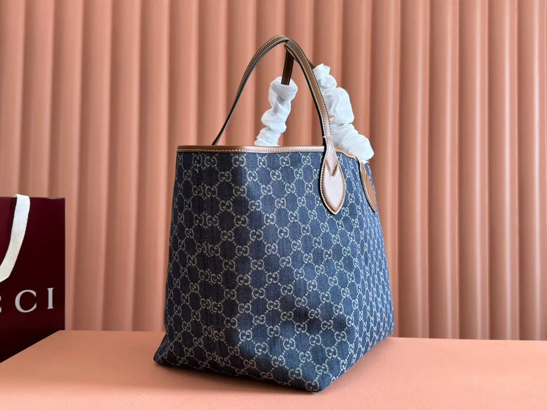 Gucci Totissima 30.5Cm Tote Bag Blue Mix Brown Denim Leather 248433