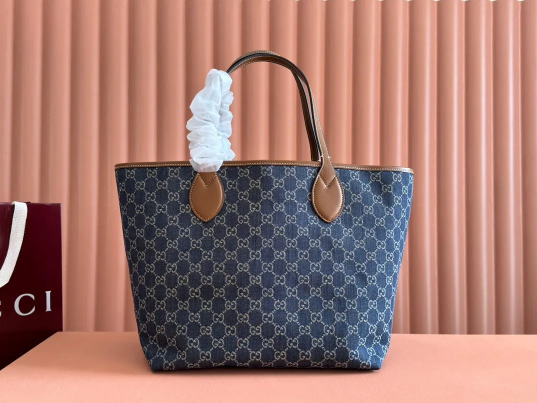 Gucci Totissima 30.5Cm Tote Bag Blue Mix Brown Denim Leather 248433