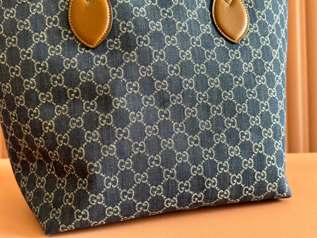 Gucci Totissima 30.5Cm Tote Bag Blue Mix Brown Denim Leather 248433