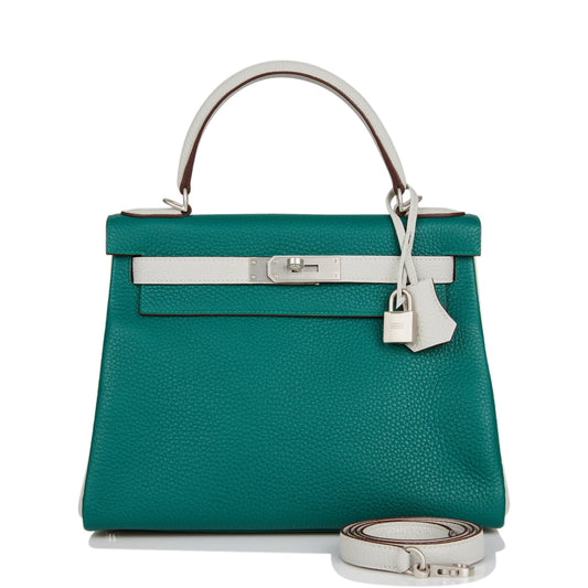 Hermes Kelly Retourne 28 Malachite and Gris Perle Clemence Brushed Palladium Hardware