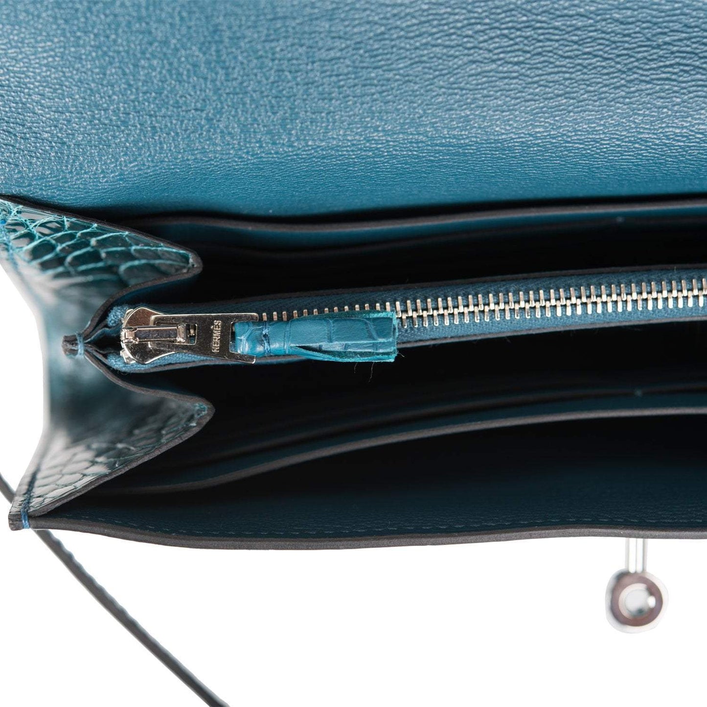 Hermes Kelly Long Wallet Bleu Colvert Alligator Ghillies Palladium Hardware