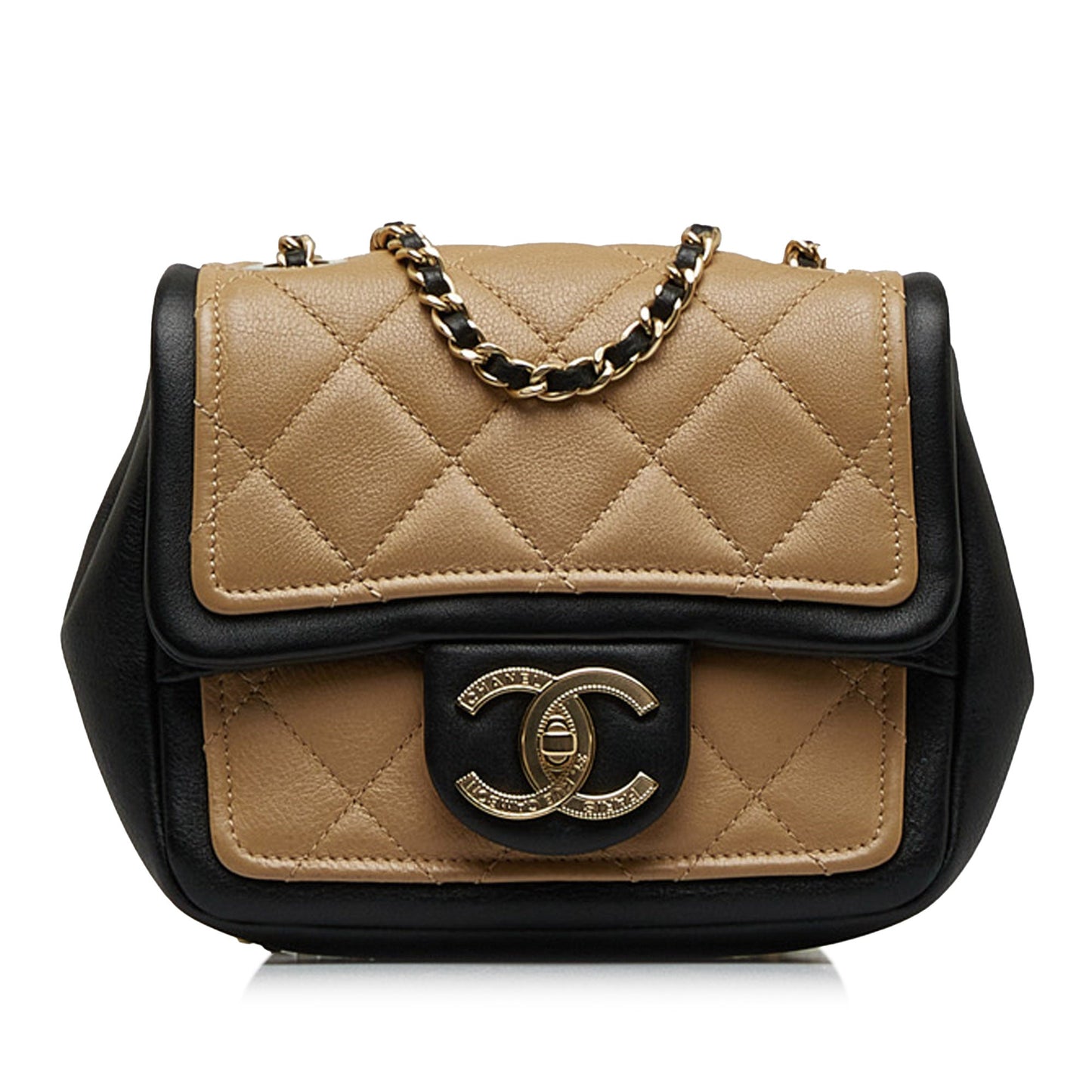 Chanel Mini Square Calfskin Graphic Flap Crossbody Bag Brown