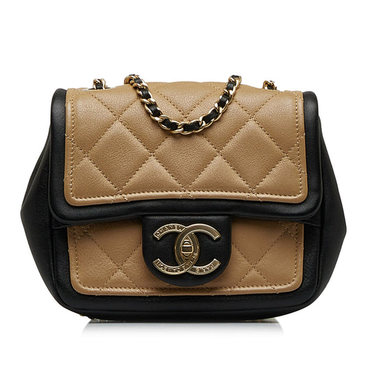Chanel Mini Square Calfskin Graphic Flap Crossbody Bag Brown