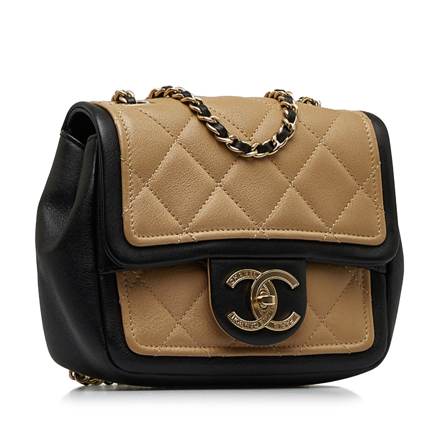 Chanel Mini Square Calfskin Graphic Flap Crossbody Bag Brown