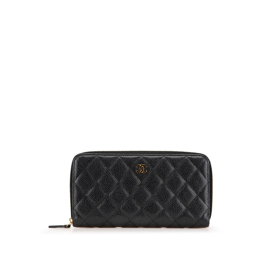 Chanel Quilted Caviar CC Zip Around Long Wallet Black