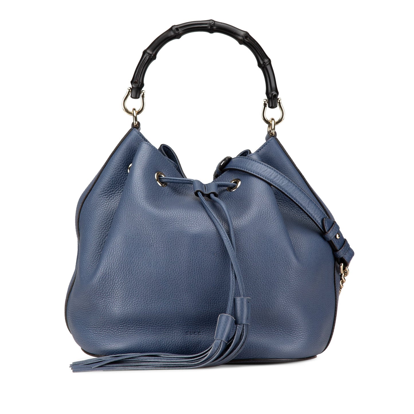 Gucci Leather Miss Bamboo Tassel Bucket Bag Blue