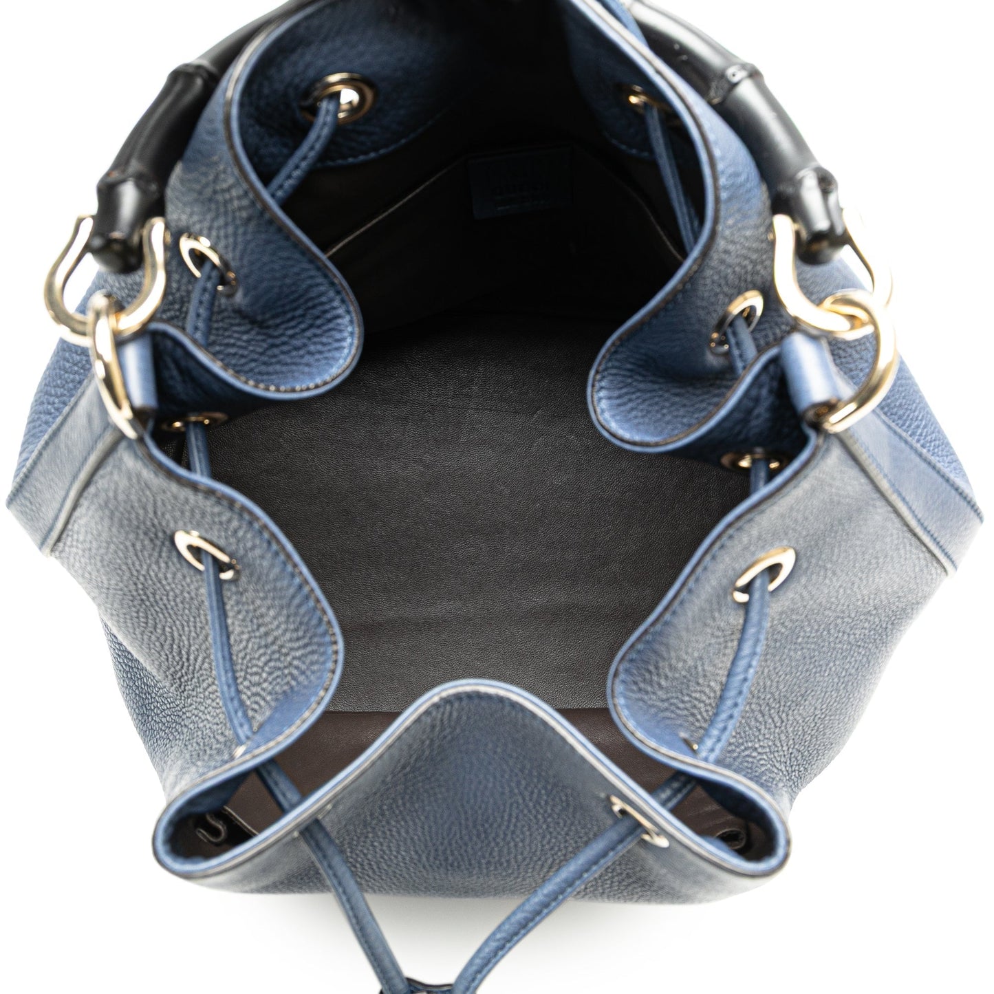 Gucci Leather Miss Bamboo Tassel Bucket Bag Blue